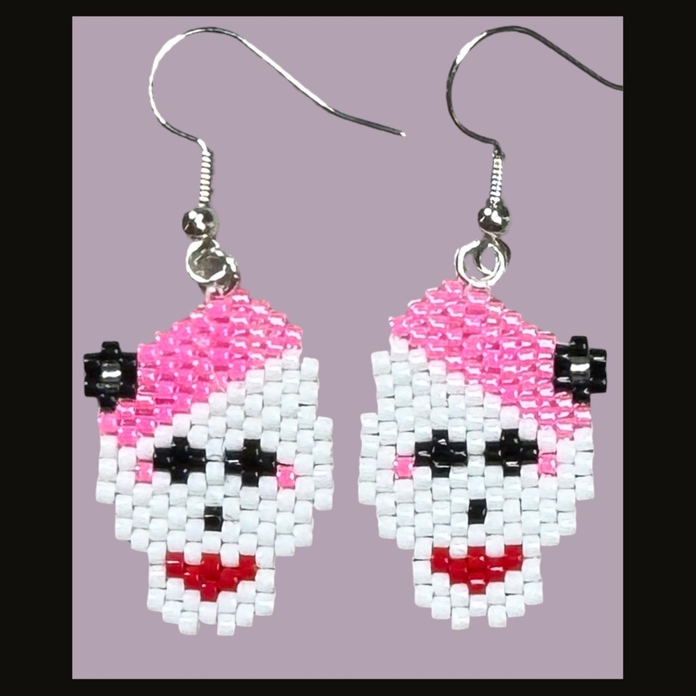 Pink & White Beaded Skull Earrings - Hand Crafted - Halloween Dia de Los Muertos